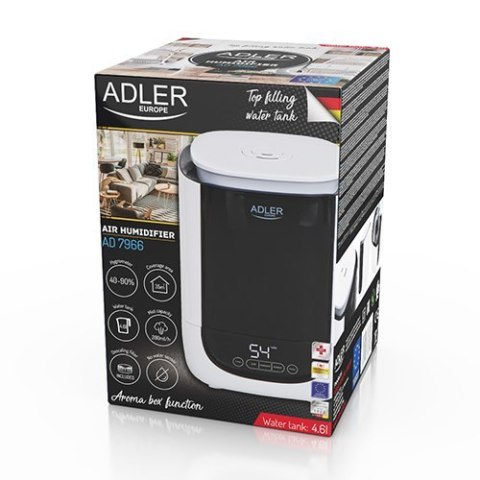Adler | AD 7966 | Nawilżacz powietrza | 35 m³ | 25 W | Pojemność zbiornika na wodę 4,6 L | Ultradźwiękowy | Wydajność nawilżania Adler | AD 7966 | Nawilżacz powietrza | 35 m³ | 25 W | Pojemność zbiornika na wodę 4,6 L | Ultradźwiękowy | Wydajność nawilżania