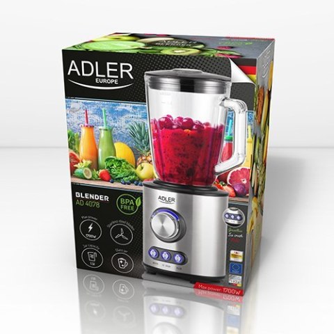 Adler | Blender | AD 4078 | Tabletop | 1700 W | Jar material Glass | Jar capacity 1.5 L | Ice crushing | Stainless steel Adler | Blender | AD 4078 | Tabletop | 1700 W | Jar material Glass | Jar capacity 1.5 L | Ice crushing | Stainless steel