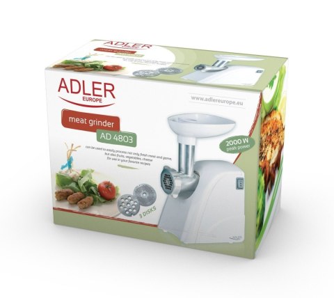 Adler AD 4803 Meat mincer, Power 800W, Bowl, Middle size sieve, Mince sieve, Poppy sieve, Plunger, Sausage filler Adler Adler AD 4803 Meat mincer, Power 800W, Bowl, Middle size sieve, Mince sieve, Poppy sieve, Plunger, Sausage filler Adler
