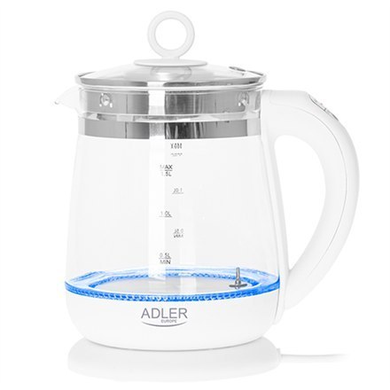 Adler | Kettle | AD 1299 | Electric | 2200 W | 1.5 L | Glass/Stainless steel | 360° rotational base | White Adler | Kettle | AD 1299 | Electric | 2200 W | 1.5 L | Glass/Stainless steel | 360° rotational base | White
