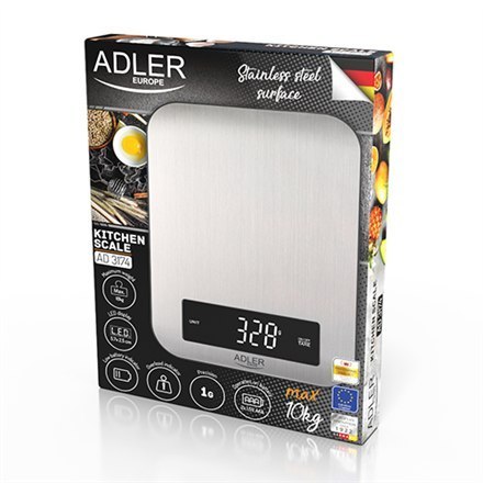 Adler | Kitchen scale | AD 3174 | Maximum weight (capacity) 10 kg | Graduation 1 g | Display type LED | Inox Adler | Kitchen scale | AD 3174 | Maximum weight (capacity) 10 kg | Graduation 1 g | Display type LED | Inox