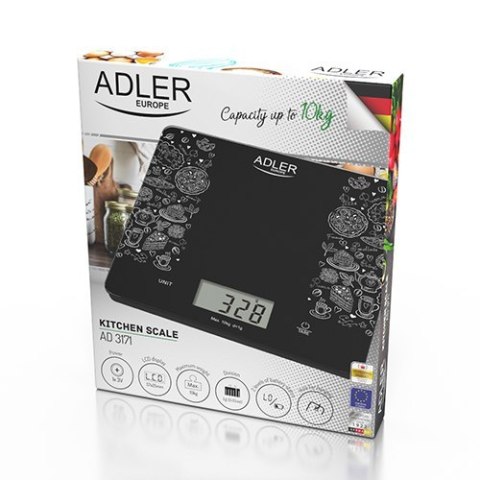Adler | Waga kuchenna | AD 3171 | Maksymalna waga (nośność) 10 kg | Podziałka 1 g | Typ wyświetlacza LCD | Czarny Adler | Waga kuchenna | AD 3171 | Maksymalna waga (nośność) 10 kg | Podziałka 1 g | Typ wyświetlacza LCD | Czarny