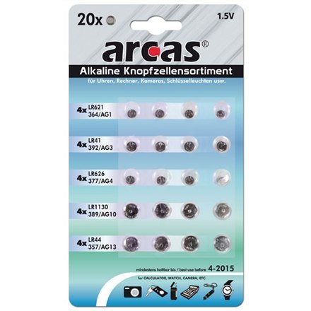 Arcas | Zestaw AG 4xAG1, 4xAG3, 4xAG4, 4xAG10, 4xAG13 | Bateria alkaliczna | 20 szt. Arcas | Zestaw AG 4xAG1, 4xAG3, 4xAG4, 4xAG10, 4xAG13 | Bateria alkaliczna | 20 szt.