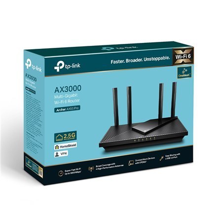 AX3000 Dual Band Gigabit Wi-Fi 6 Router | Archer AX55 Pro | 802.11ax | 574+2402 Mbit/s | 10/100/1000 Mbit/s | Porty Ethernet LAN AX3000 Dual Band Gigabit Wi-Fi 6 Router | Archer AX55 Pro | 802.11ax | 574+2402 Mbit/s | 10/100/1000 Mbit/s | Porty Ethernet LAN