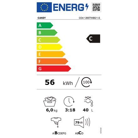 Candy | Pralka | CO4 1265TWBE/1-S | Klasa efektywności energetycznej C | Ładowana od frontu | Pojemność prania 6 kg | 1200 obr/m Candy | Pralka | CO4 1265TWBE/1-S | Klasa efektywności energetycznej C | Ładowana od frontu | Pojemność prania 6 kg | 1200 obr/m