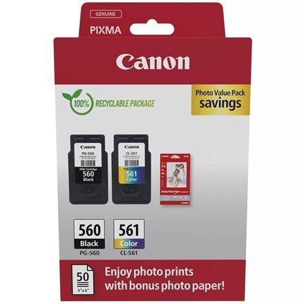 Canon Ink Cartridge + Photo Paper Value Pack | PG-560/CL-561 | Ink cartridge/Paper kit | Colour, Black Canon Ink Cartridge + Photo Paper Value Pack | PG-560/CL-561 | Ink cartridge/Paper kit | Colour, Black