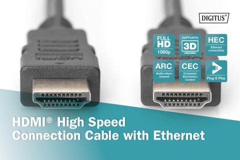 Digitus | HDMI High Speed with Ethernet | Male | 19 pin HDMI Type A | Male | 19 pin HDMI Type A | 3 m | Black Digitus | HDMI High Speed with Ethernet | Male | 19 pin HDMI Type A | Male | 19 pin HDMI Type A | 3 m | Black
