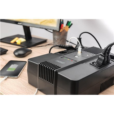 Digitus | UPS All-in-One | UPS All-in-One, 600VA/360W, LED 12V/7Ah x1, 4x CEE 7/7, 3x IEC C13, USB, RJ45 | 600 VA | 360 W | V Digitus | UPS All-in-One | UPS All-in-One, 600VA/360W, LED 12V/7Ah x1, 4x CEE 7/7, 3x IEC C13, USB, RJ45 | 600 VA | 360 W | V