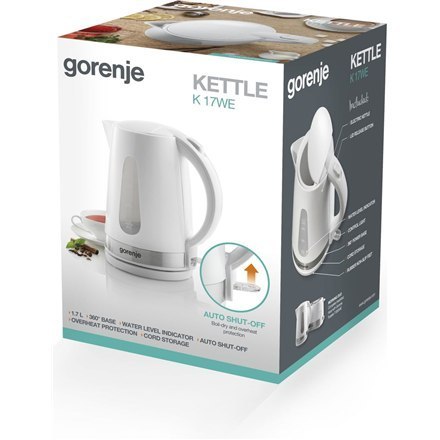 Gorenje | Kettle | K17WE | Electric | 2200 W | 1.7 L | Plastic + metal | 360° rotational base | White Gorenje | Kettle | K17WE | Electric | 2200 W | 1.7 L | Plastic + metal | 360° rotational base | White