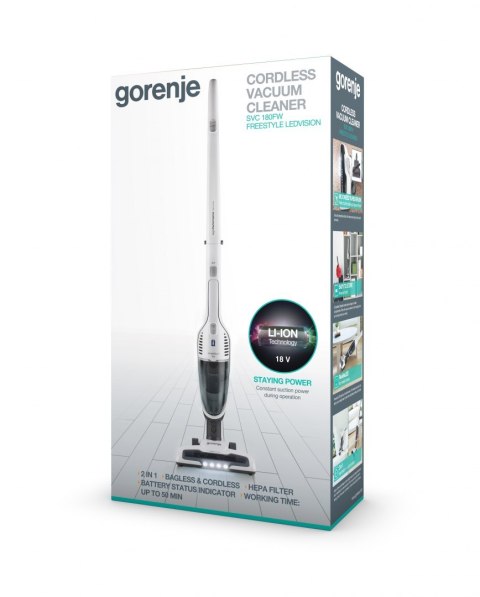Gorenje | Vacuum cleaner | SVC180FW | Handstick 2in1 | Handstick | - W | 18 V | Operating time (max) 50 min | White | Warranty 2 Gorenje | Vacuum cleaner | SVC180FW | Handstick 2in1 | Handstick | - W | 18 V | Operating time (max) 50 min | White | Warranty 2