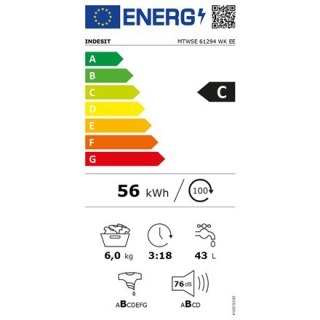 INDESIT | MTWSE 61294 WK EE | Washing machine | Energy efficiency class C | Front loading | Washing capacity 6 kg | 1151 RPM | D
