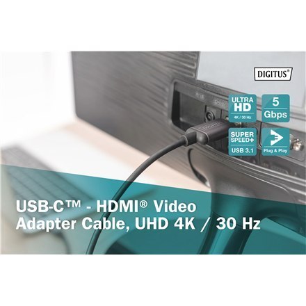 Kabel adaptera wideo Digitus | 19-pinowy HDMI typu A | męski | 24-pinowy USB-C | męski | czarny | 1,8 m Kabel adaptera wideo Digitus | 19-pinowy HDMI typu A | męski | 24-pinowy USB-C | męski | czarny | 1,8 m