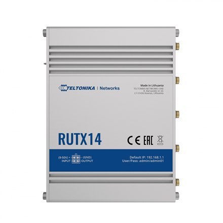 LTE Cat 12 Router | RUTX14 | 802.11ac | 867 Mbit/s | 10/100/1000 Mbps Mbit/s | Ethernet LAN (RJ-45) ports 5 | MU-MiMO Yes | 4G | LTE Cat 12 Router | RUTX14 | 802.11ac | 867 Mbit/s | 10/100/1000 Mbps Mbit/s | Ethernet LAN (RJ-45) ports 5 | MU-MiMO Yes | 4G |