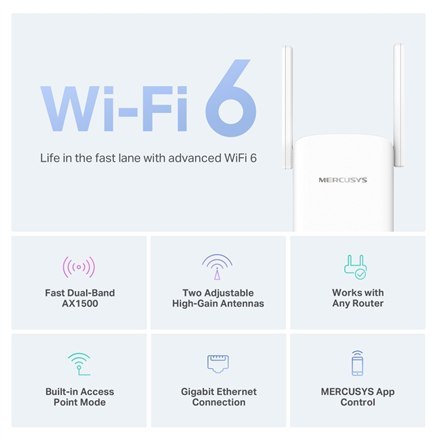 Mercusys AX1500 Wi-Fi 6 Range Extender | ME60X | 802.11ax | 1201 Mbit/s | Porty Ethernet LAN (RJ-45) 1 | MU-MiMO Nie | Brak PoE Mercusys AX1500 Wi-Fi 6 Range Extender | ME60X | 802.11ax | 1201 Mbit/s | Porty Ethernet LAN (RJ-45) 1 | MU-MiMO Nie | Brak PoE