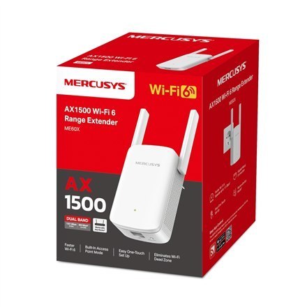 Mercusys AX1500 Wi-Fi 6 Range Extender | ME60X | 802.11ax | 1201 Mbit/s | Porty Ethernet LAN (RJ-45) 1 | MU-MiMO Nie | Brak PoE Mercusys AX1500 Wi-Fi 6 Range Extender | ME60X | 802.11ax | 1201 Mbit/s | Porty Ethernet LAN (RJ-45) 1 | MU-MiMO Nie | Brak PoE