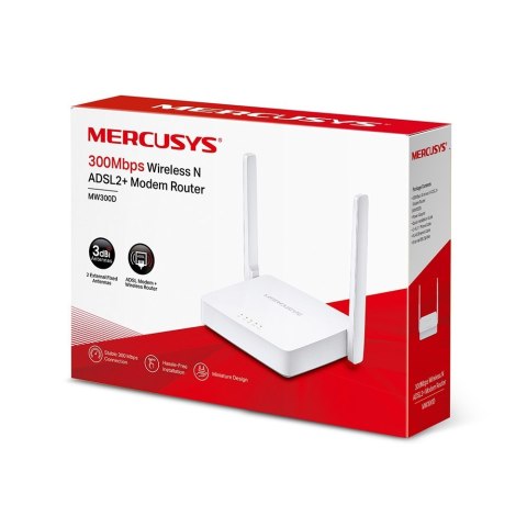 Mercusys | Wireless N ADSL2+ Modem Router | MW300D | 802.11n | 300 Mbit/s | 10/100 Mbit/s | Ethernet LAN (RJ-45) ports 3 | Mesh Mercusys | Wireless N ADSL2+ Modem Router | MW300D | 802.11n | 300 Mbit/s | 10/100 Mbit/s | Ethernet LAN (RJ-45) ports 3 | Mesh