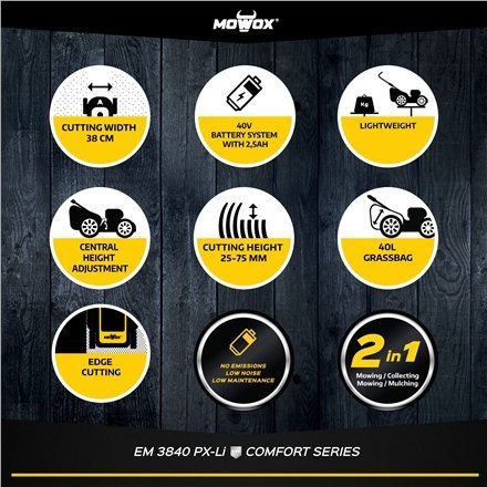 MoWox | 40V Comfort Series Cordless Lawnmower | EM 3840 PX-Li | Mowing Area 250 m² MoWox | 40V Comfort Series Cordless Lawnmower | EM 3840 PX-Li | Mowing Area 250 m²