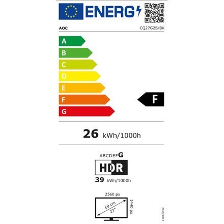 Monitor AOC CQ27G2S/BK | 27 cali | VA | 16:9 | 4 ms | 250 cd/m² | Czarny | Kolor czarny | Ilość portów HDMI 2 | 165 Hz