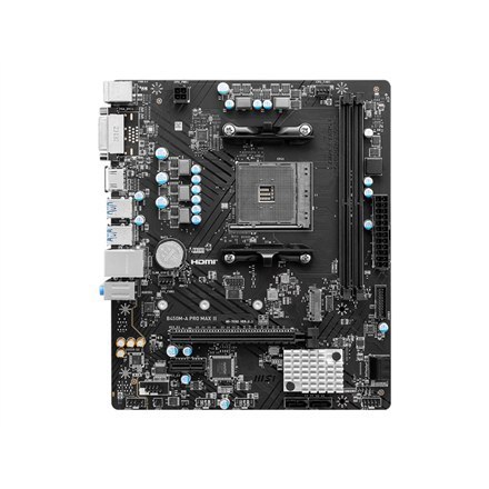 Płyta główna MSI B450M-A PRO MAX II, obsługująca procesory AMD z gniazdem AM4, DDR4. Interfejsy dla dysków SATA i M.2 z łączem n Płyta główna MSI B450M-A PRO MAX II, obsługująca procesory AMD z gniazdem AM4, DDR4. Interfejsy dla dysków SATA i M.2 z łączem n