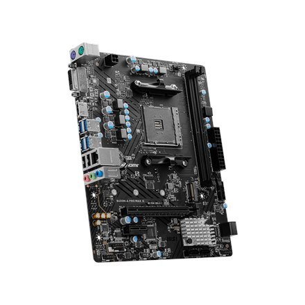 Płyta główna MSI B450M-A PRO MAX II, obsługująca procesory AMD z gniazdem AM4, DDR4. Interfejsy dla dysków SATA i M.2 z łączem n Płyta główna MSI B450M-A PRO MAX II, obsługująca procesory AMD z gniazdem AM4, DDR4. Interfejsy dla dysków SATA i M.2 z łączem n