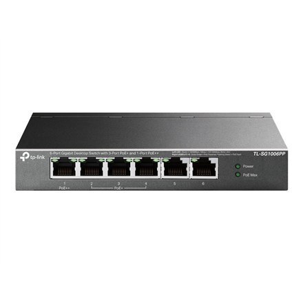 Przełącznik TP-LINK z 6 portami Gigabit, w tym 3 porty PoE+ i 1 port PoE++, model TL-SG1006PP, niesprzętowy, na biurko Przełącznik TP-LINK z 6 portami Gigabit, w tym 3 porty PoE+ i 1 port PoE++, model TL-SG1006PP, niesprzętowy, na biurko