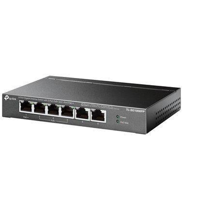 Przełącznik TP-LINK z 6 portami Gigabit, w tym 3 porty PoE+ i 1 port PoE++, model TL-SG1006PP, niesprzętowy, na biurko Przełącznik TP-LINK z 6 portami Gigabit, w tym 3 porty PoE+ i 1 port PoE++, model TL-SG1006PP, niesprzętowy, na biurko