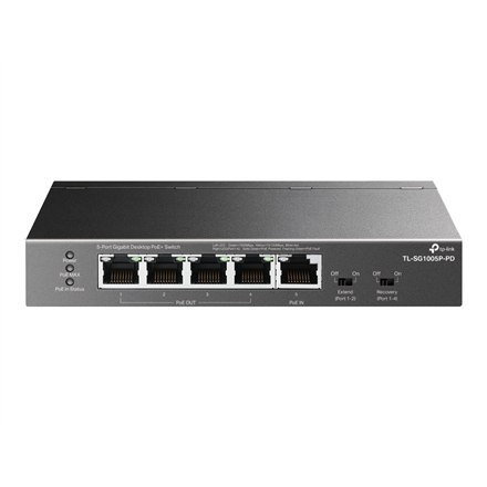 Przełącznik sieciowy TP-LINK z 5 portami Gigabit Ethernet, w tym 4 porty z technologią PoE, model TL-SG1005P-PD. Bezobsługowy, p Przełącznik sieciowy TP-LINK z 5 portami Gigabit Ethernet, w tym 4 porty z technologią PoE, model TL-SG1005P-PD. Bezobsługowy, p