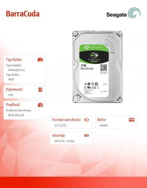 Seagate | Barracuda | 1TB SATAIII | 7200 RPM | 1000 GB | HDD | 64 MB Seagate | Barracuda | 1TB SATAIII | 7200 RPM | 1000 GB | HDD | 64 MB