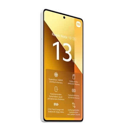 Smartfon Xiaomi Redmi Note 13 w kolorze Arktycznej Bieli, z ekranem 6.67 " AMOLED i rozdzielczością 1080 x 2400 pikseli. Napędza Smartfon Xiaomi Redmi Note 13 w kolorze Arktycznej Bieli, z ekranem 6.67 " AMOLED i rozdzielczością 1080 x 2400 pikseli. Napędza