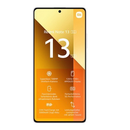 Smartfon Xiaomi Redmi Note 13 w kolorze Arktycznej Bieli, z ekranem 6.67 " AMOLED i rozdzielczością 1080 x 2400 pikseli. Napędza Smartfon Xiaomi Redmi Note 13 w kolorze Arktycznej Bieli, z ekranem 6.67 " AMOLED i rozdzielczością 1080 x 2400 pikseli. Napędza
