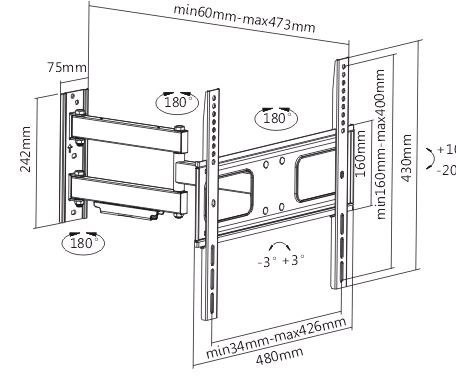 Sunne | Wall mount | 23-42-EAX2 | Full motion | 32-55 " | Maximum weight (capacity) 50 kg | Black Sunne | Wall mount | 23-42-EAX2 | Full motion | 32-55 " | Maximum weight (capacity) 50 kg | Black