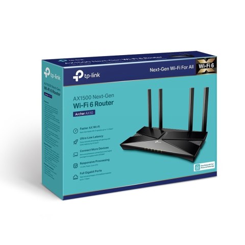 TP-LINK | AX1500 Wi-Fi 6 Router | Archer AX10 | 802.11ax | 1201+300 Mbit/s | 10/100/1000 Mbit/s | Ethernet LAN (RJ-45) ports 4 | TP-LINK | AX1500 Wi-Fi 6 Router | Archer AX10 | 802.11ax | 1201+300 Mbit/s | 10/100/1000 Mbit/s | Ethernet LAN (RJ-45) ports 4 |