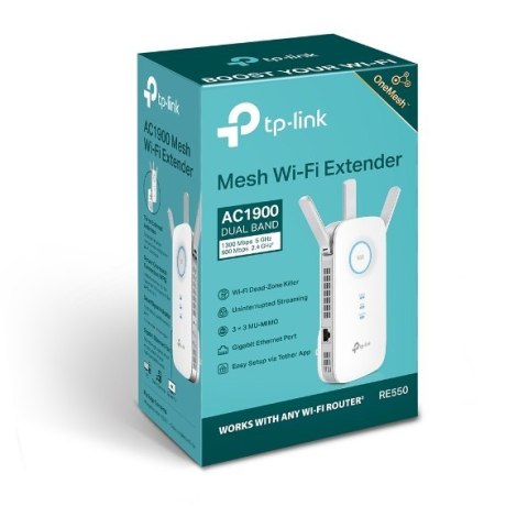 TP-LINK | RE550 | AC1900 Wi-Fi Range Extender | 802.11ac | 2GHz/5GHz | 600+1300 Mbit/s | 10/100/1000 Mbit/s | Ethernet LAN (RJ-4 TP-LINK | RE550 | AC1900 Wi-Fi Range Extender | 802.11ac | 2GHz/5GHz | 600+1300 Mbit/s | 10/100/1000 Mbit/s | Ethernet LAN (RJ-4