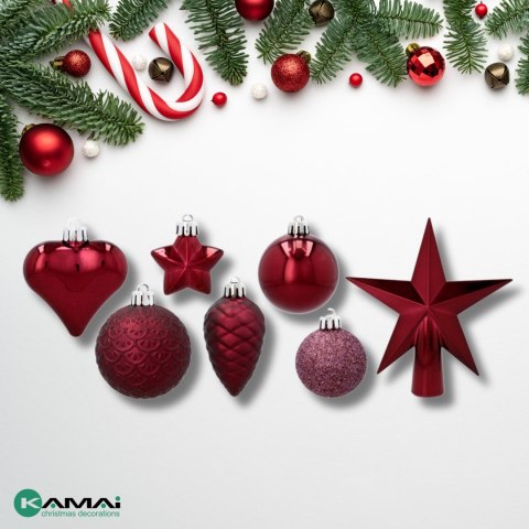 Komplet 19 Bombek Choinkowych Kamai Christmas Decoration® - Kolor Burgund z Gwiazdą na Czubek
