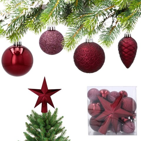 Komplet 19 Bombek Choinkowych Kamai Christmas Decoration® - Kolor Burgund z Gwiazdą na Czubek