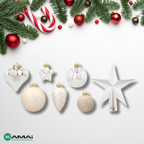 Komplet 19 Bombek Choinkowych Kamai Christmas Decoration® - Kolor Szampański z Gwiazdą na Czubek