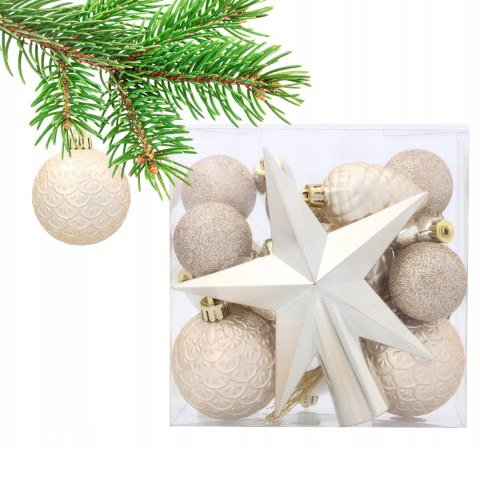 Komplet 19 Bombek Choinkowych Kamai Christmas Decoration® - Kolor Szampański z Gwiazdą na Czubek