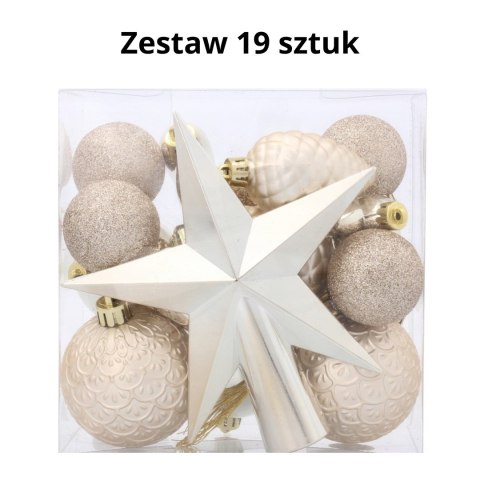 Komplet 19 Bombek Choinkowych Kamai Christmas Decoration® - Kolor Szampański z Gwiazdą na Czubek