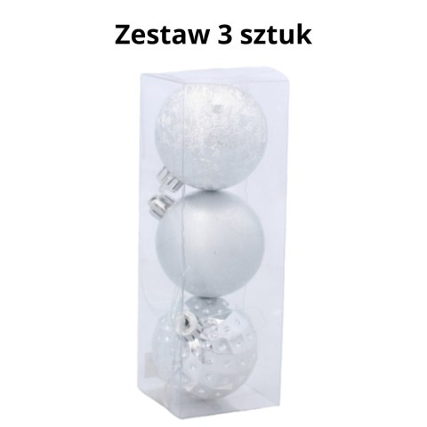 ZESTAW 3 EKSKLUZYWNYCH BOMBEK CHOINKOWYCH O RÓŻNYM WYGLĄDZIE. KOLOR: SREBRNY