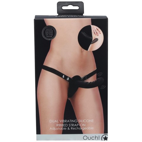 Ouch! - Dual Vibrating - Rechargeable - 10 Speed Silicone Ribbed Strap-On - Adjustable - Black Ouch! - Dual Vibrating - Rechargeable - 10 Speed Silicone Ribbed Strap-On - Adjustable - Black