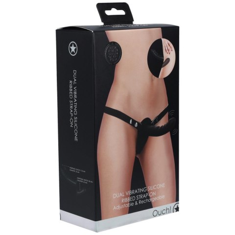 Ouch! - Dual Vibrating - Rechargeable - 10 Speed Silicone Ribbed Strap-On - Adjustable - Black Ouch! - Dual Vibrating - Rechargeable - 10 Speed Silicone Ribbed Strap-On - Adjustable - Black