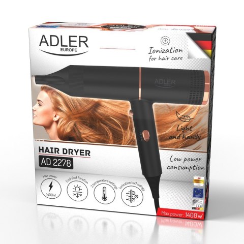 Adler Hair Dryer | AD 2278 | 1400 W | Number of temperature settings 2 | Ionic function | Black Adler Hair Dryer | AD 2278 | 1400 W | Number of temperature settings 2 | Ionic function | Black