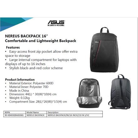 Asus | Pasuje do rozmiaru 16 " | NEREUS | Plecak | Czarny Asus | Pasuje do rozmiaru 16 " | NEREUS | Plecak | Czarny
