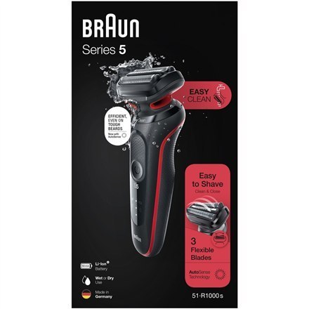 Braun | Golarka | 51-R1000s | Czas pracy (maks.) 50 min | Na mokro i sucho | Czarny/czerwony Braun | Golarka | 51-R1000s | Czas pracy (maks.) 50 min | Na mokro i sucho | Czarny/czerwony