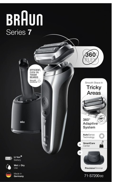Braun | Golarka | 71-S7200cc | Czas pracy (maks.) 50 min | Na mokro i sucho | Srebrny/czarny Braun | Golarka | 71-S7200cc | Czas pracy (maks.) 50 min | Na mokro i sucho | Srebrny/czarny
