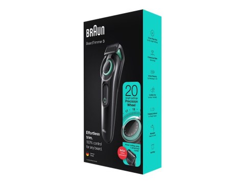 Braun | Trymer do brody | BT3323 | Bezprzewodowy | Liczba stopni długości 20 | Czarny/Zielony Braun | Trymer do brody | BT3323 | Bezprzewodowy | Liczba stopni długości 20 | Czarny/Zielony