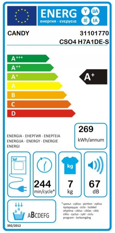 Candy | Dryer Machine | CSO4 H7A1DE-S | Energy efficiency class A+ | Front loading | 7 kg | Heat pump | Big Digit | Depth 46.5 c Candy | Dryer Machine | CSO4 H7A1DE-S | Energy efficiency class A+ | Front loading | 7 kg | Heat pump | Big Digit | Depth 46.5 c