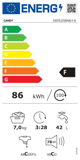 Candy | Pralka | CSTG 272DVE/1-S | Klasa efektywności energetycznej F | Ładowanie od góry | Pojemność prania 7 kg | 1200 obr/min
