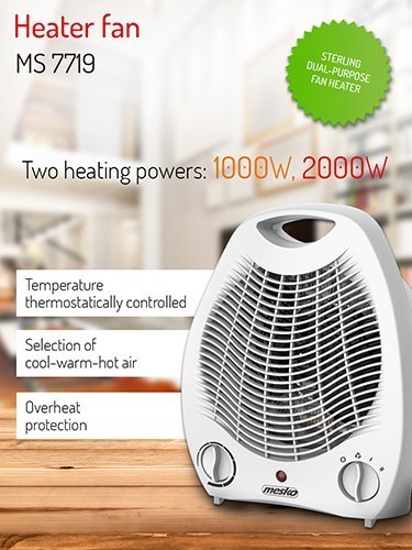 Grzejnik wentylatorowy Mesko MS 7719 2000 W Biały z termostatem i dwoma mocami grzewczymi Grzejnik wentylatorowy Mesko MS 7719 2000 W Biały z termostatem i dwoma mocami grzewczymi
