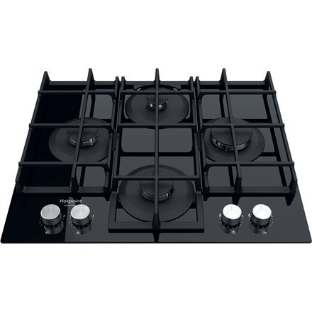 Hotpoint | HAGS 61F/BK | Hob | Gas on glass | Number of burners/cooking zones 4 | Rotary knobs | Black Hotpoint | HAGS 61F/BK | Hob | Gas on glass | Number of burners/cooking zones 4 | Rotary knobs | Black